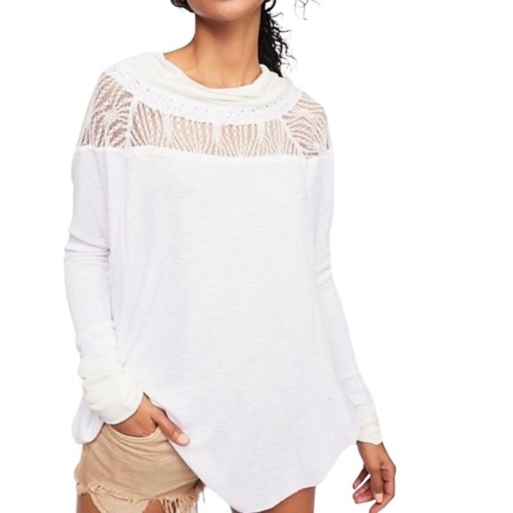 Free People Spring Valley Thermal Tee Lace Inset Oversized Raw Hem Size Small